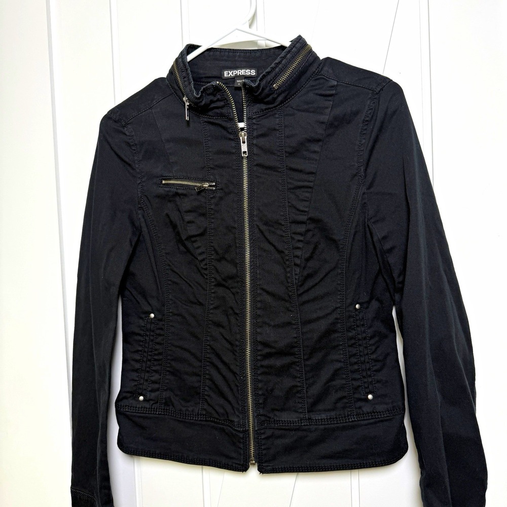 Express Black Full Zip Cotton Moto Jacket Women's Size 2 Indie Sleaze Edgy Biker